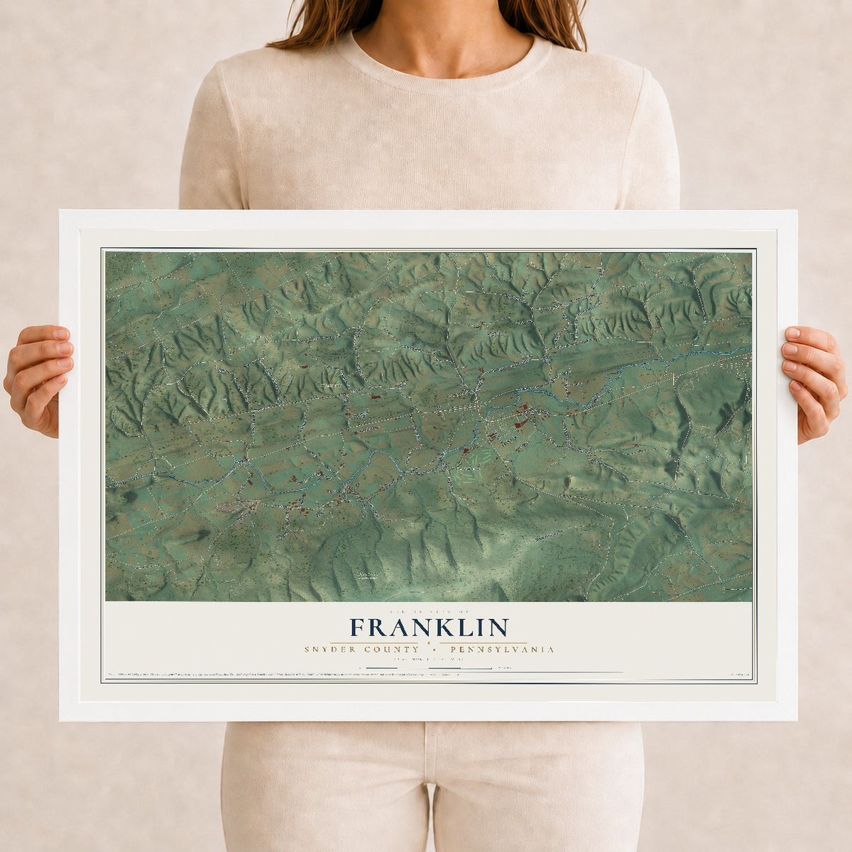 Map of Franklin, Snyder County, Pennsylvania, 12 x 18 inch print in a white wood frame