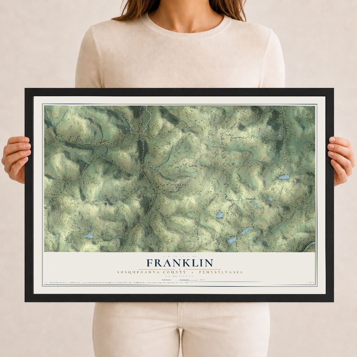Map of Franklin, Susquehanna County, Pennsylvania, 12 x 18 inch print in a black wood frame