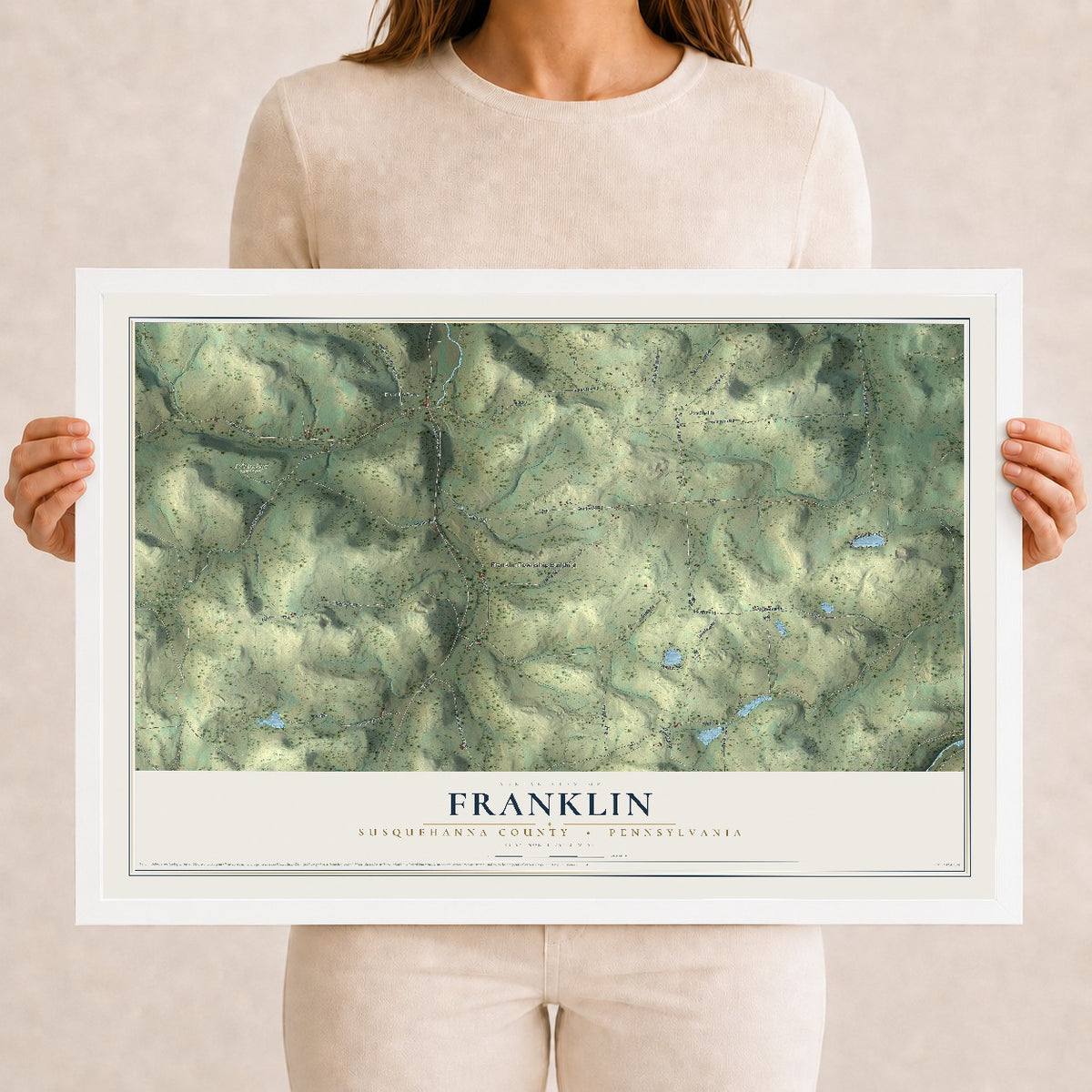 Map of Franklin, Susquehanna County, Pennsylvania, 12 x 18 inch print in a white wood frame