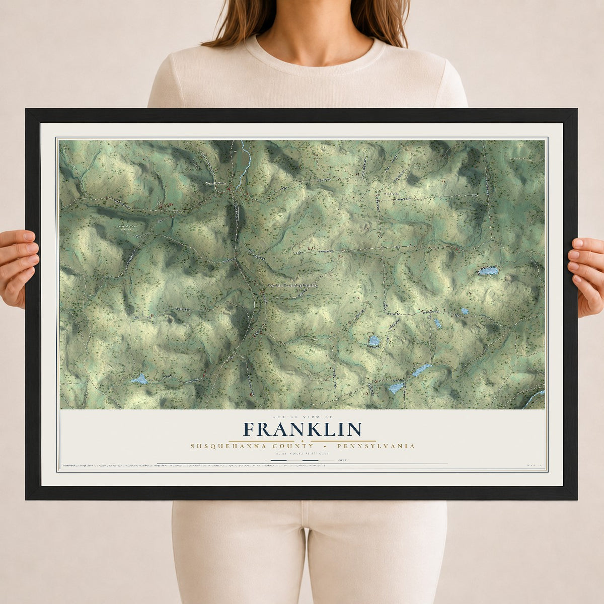 Map of Franklin, Susquehanna County, Pennsylvania, 18 x 24 inch print in a black wood frame