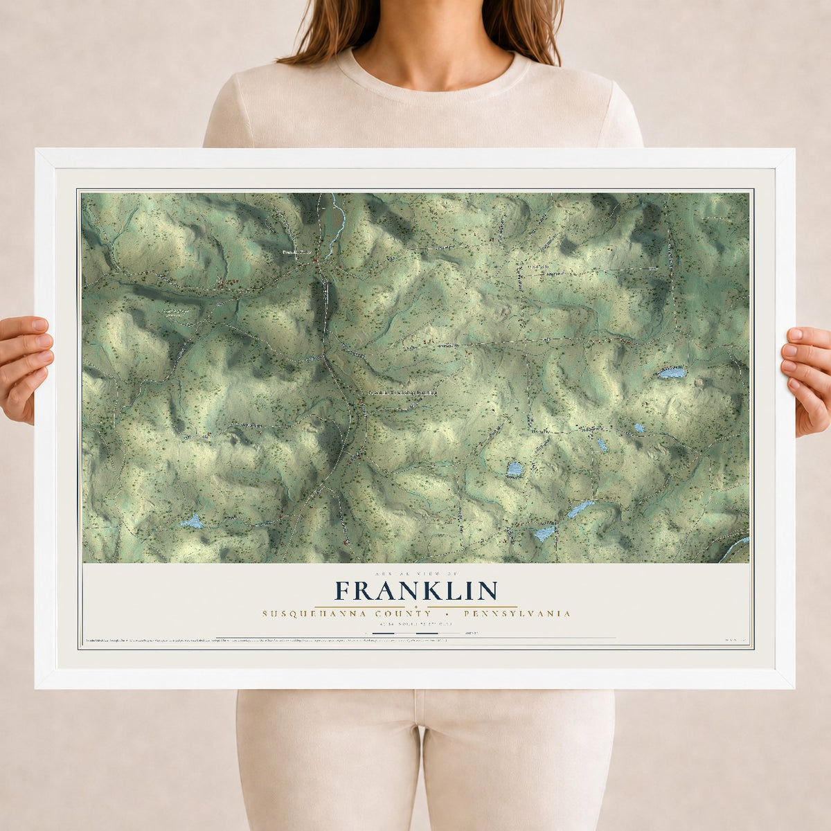 Map of Franklin, Susquehanna County, Pennsylvania, 18 x 24 inch print in a white wood frame