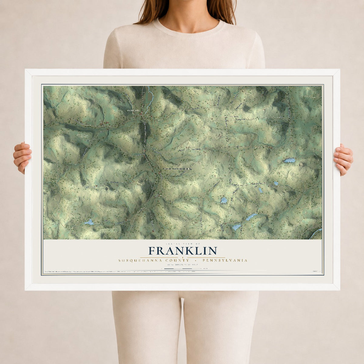 Map of Franklin, Susquehanna County, Pennsylvania, 24 x 36 inch print in a white wood frame
