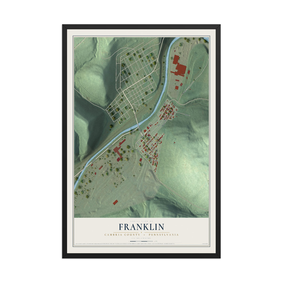 Map of Franklin, Cambria County, Pennsylvania, 12 x 18 inch print in a black wood frame