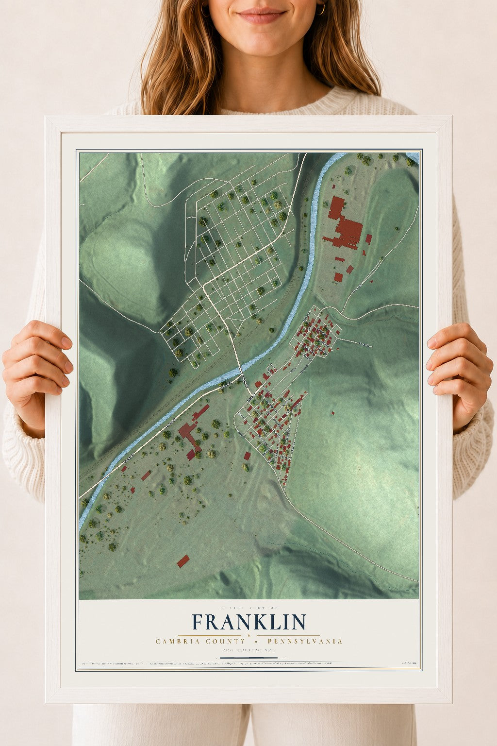 Map of Franklin, Cambria County, Pennsylvania, 18 x 24 inch print in a white wood frame