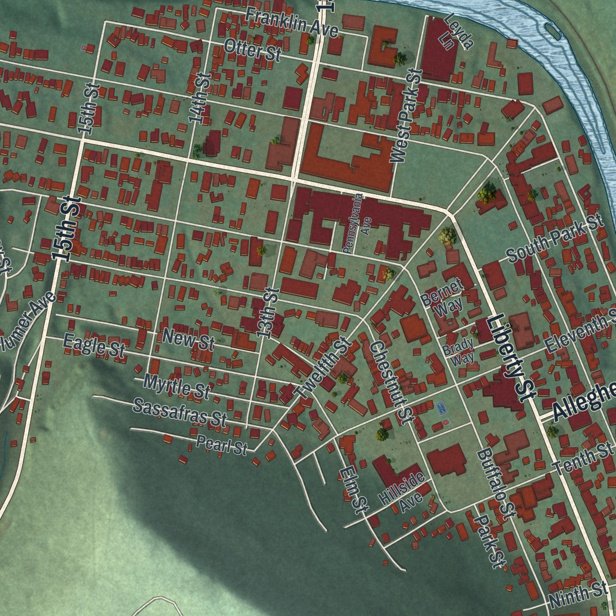 Close-up of the map of Franklin, Venango County, Pennsylvania print showing street and building detail