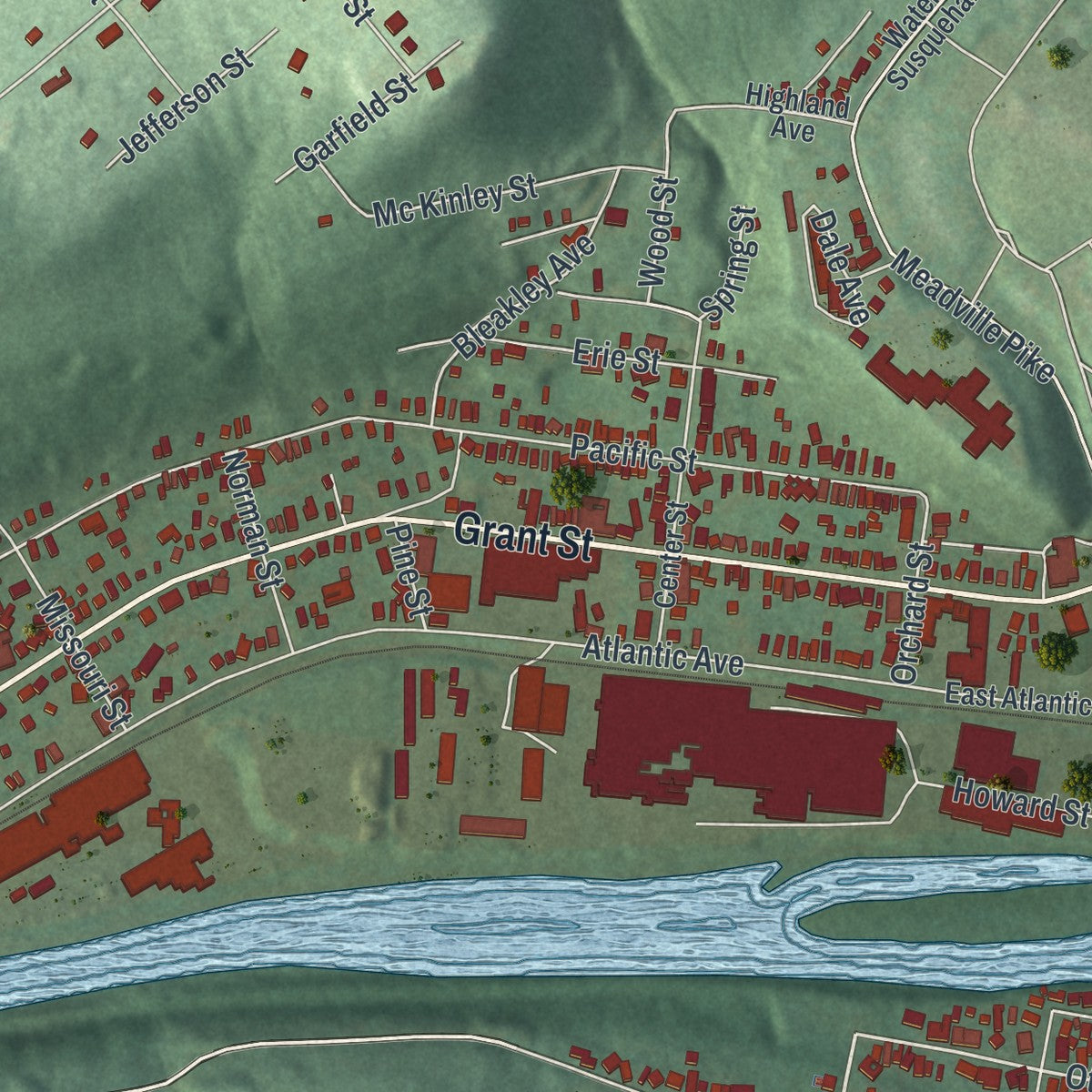 Second close-up of the map of Franklin, Venango County, Pennsylvania print showing more streets and buildings
