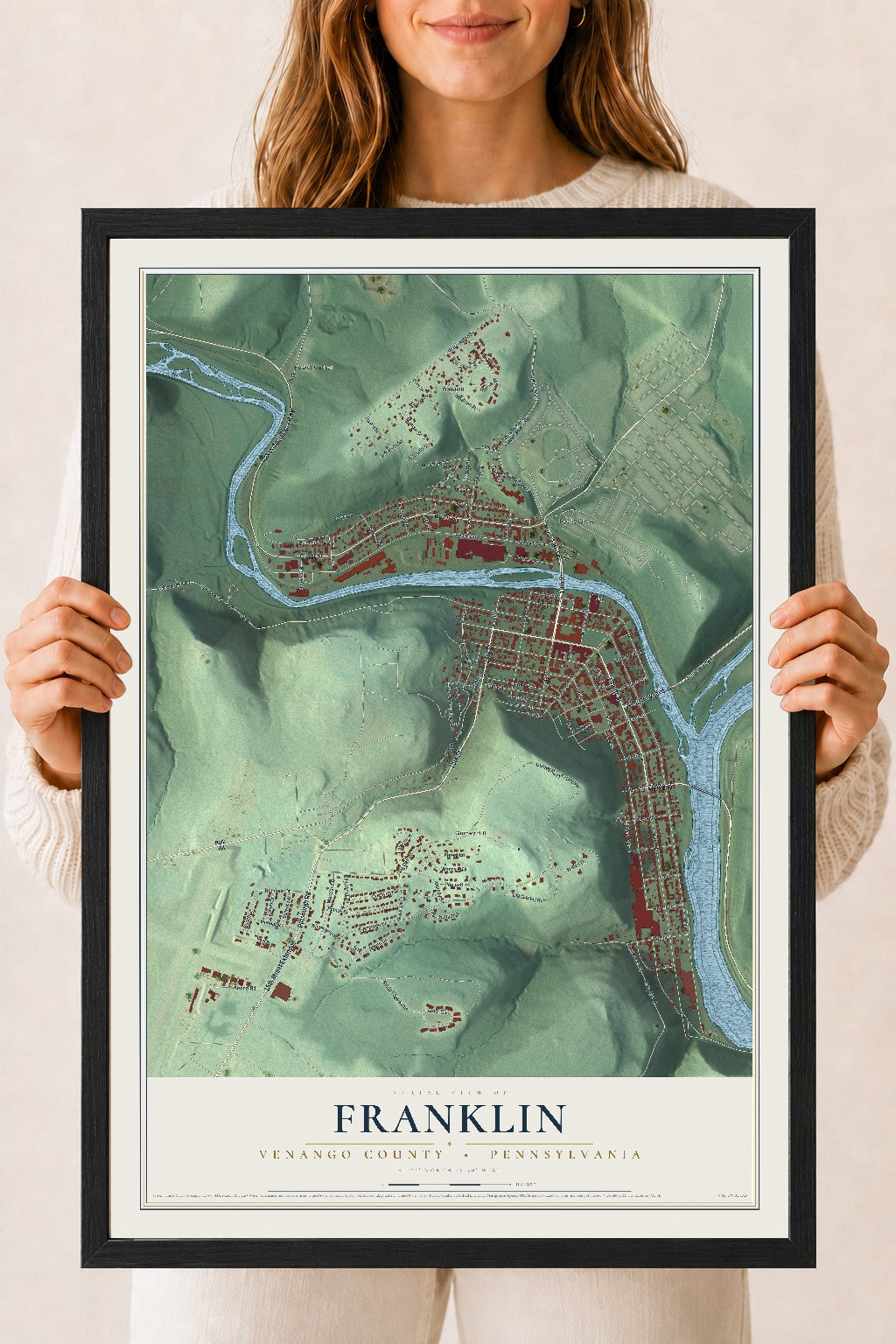 Map of Franklin, Venango County, Pennsylvania, 18 x 24 inch print in a black wood frame