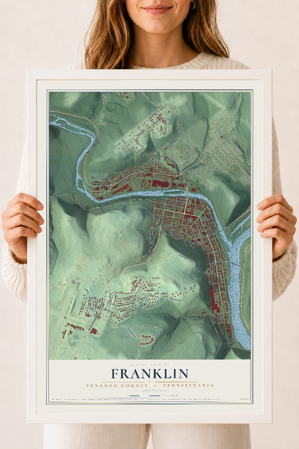 Map of Franklin, Venango County, Pennsylvania, 18 x 24 inch print in a white wood frame