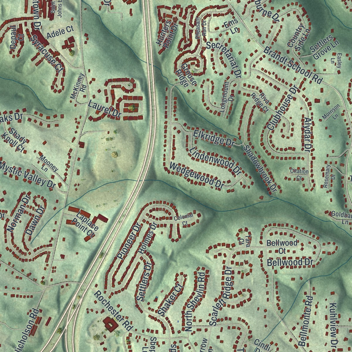 Close-up of the map of Franklin Park, Pennsylvania print showing street and building detail
