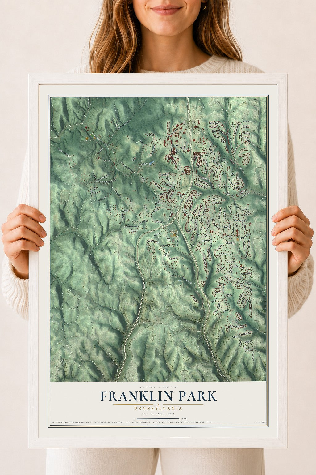 Map of Franklin Park, Pennsylvania, 18 x 24 inch print in a white wood frame