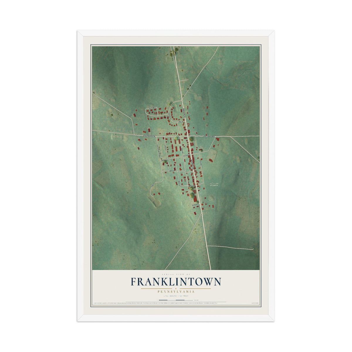 Map of Franklintown, Pennsylvania, 12 x 18 inch print in a white wood frame