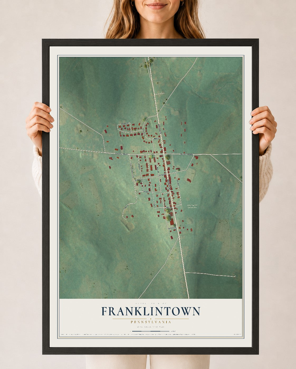 Map of Franklintown, Pennsylvania, 24 x 36 inch print in a black wood frame