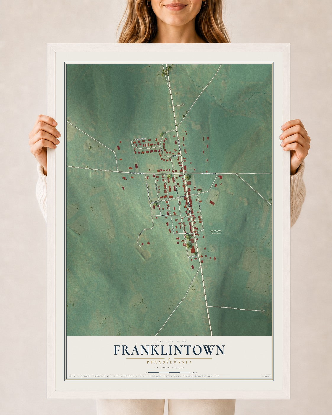 Map of Franklintown, Pennsylvania, 24 x 36 inch print in a white wood frame