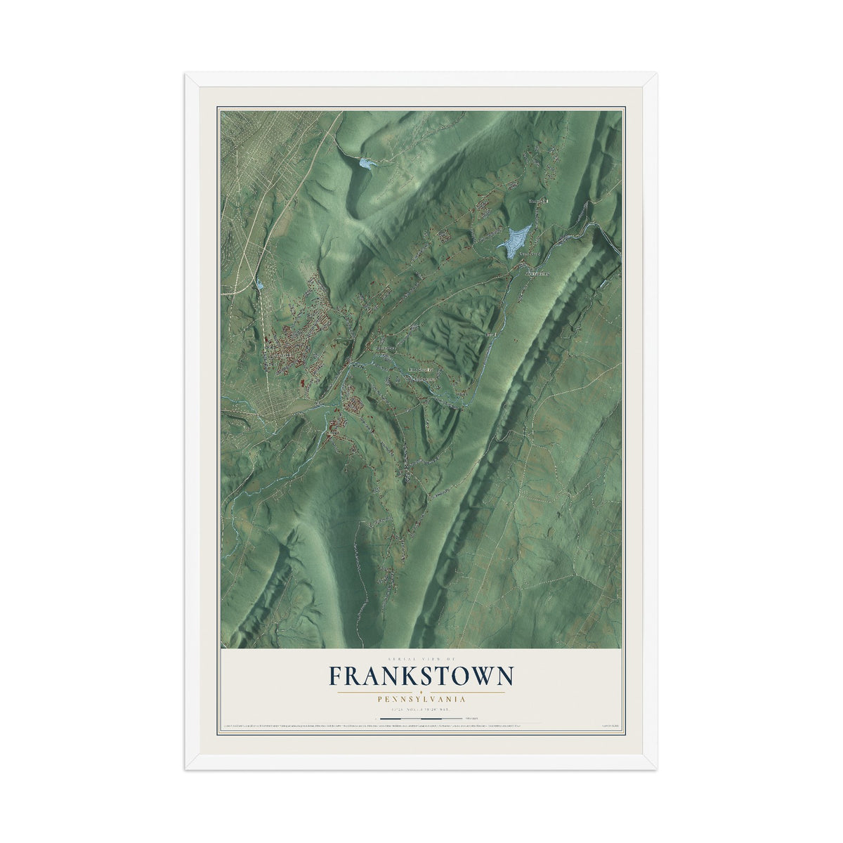 Map of Frankstown, Pennsylvania, 12 x 18 inch print in a white wood frame