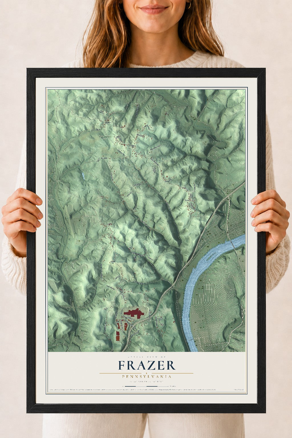 Map of Frazer, Pennsylvania, 18 x 24 inch print in a black wood frame