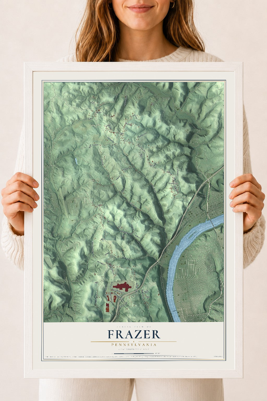 Map of Frazer, Pennsylvania, 18 x 24 inch print in a white wood frame