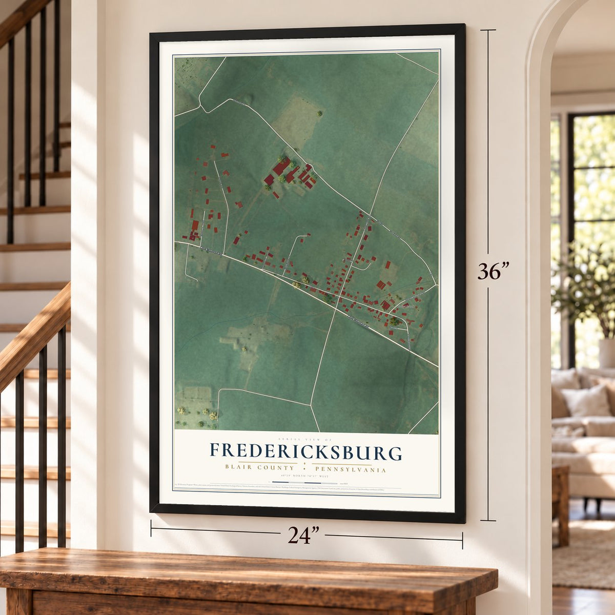 Fredericksburg, Blair County, Pennsylvania map, 24 x 36 inch print in a black frame by a staircase