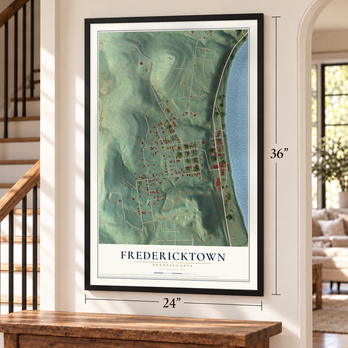 Fredericktown, Pennsylvania map, 24 x 36 inch print in a black frame by a staircase