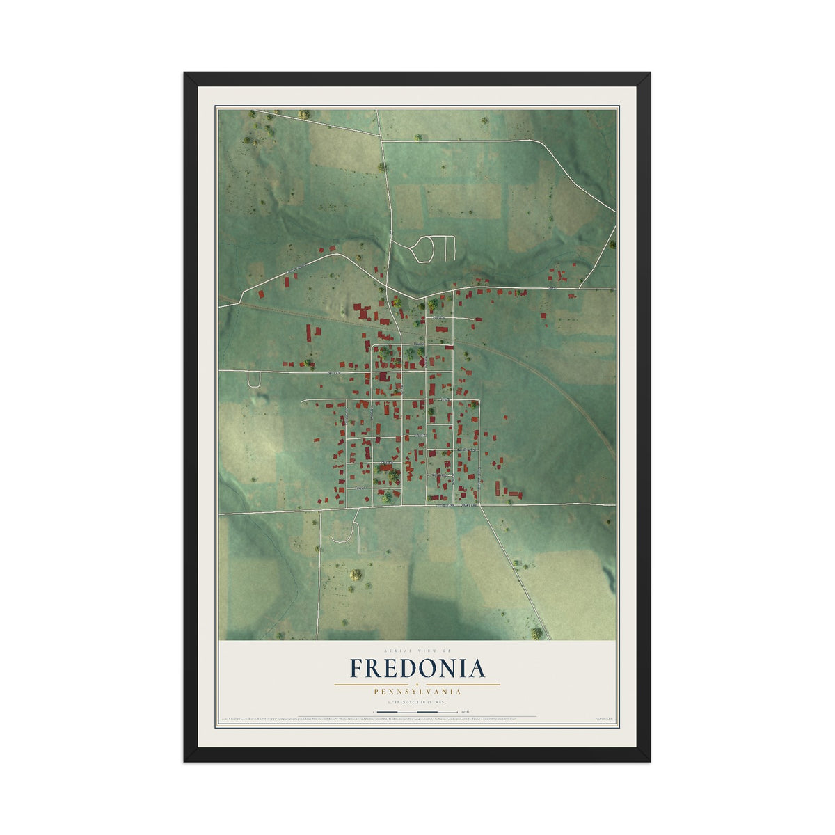 Map of Fredonia, Pennsylvania, 12 x 18 inch print in a black wood frame