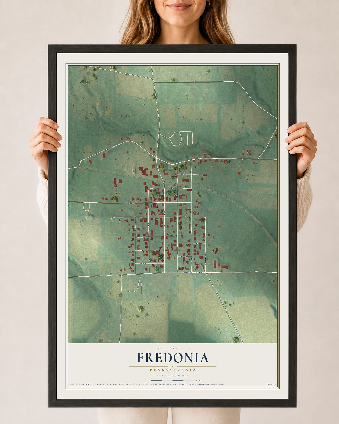 Map of Fredonia, Pennsylvania, 24 x 36 inch print in a black wood frame