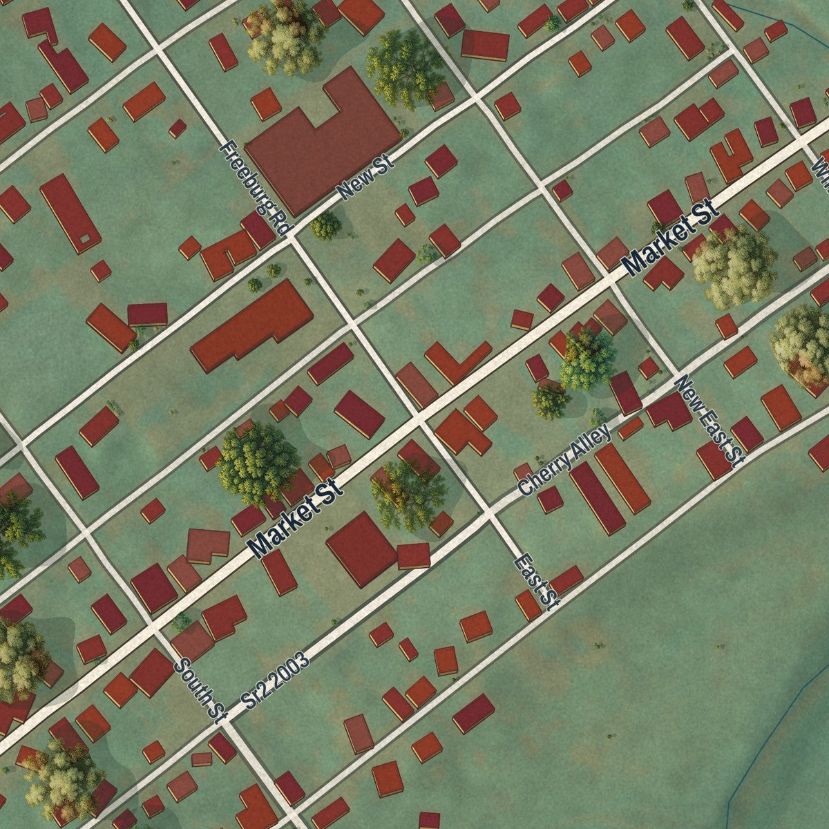 Close-up of the map of Freeburg, Pennsylvania print showing street and building detail