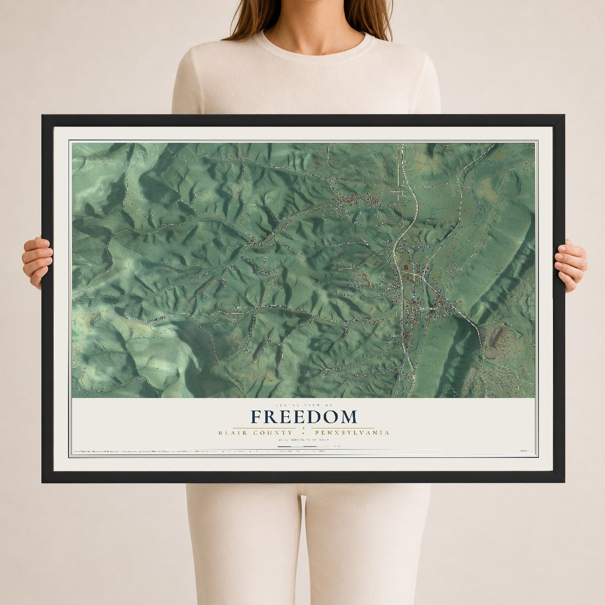 Map of Freedom, Blair County, Pennsylvania, 24 x 36 inch print in a black wood frame