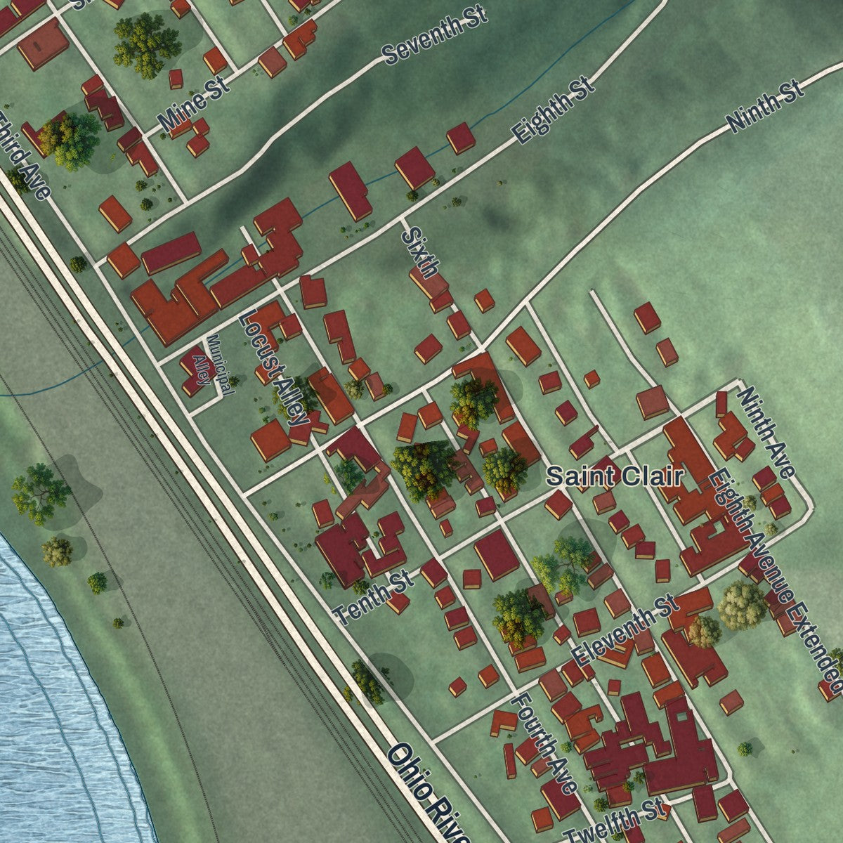 Second close-up of the map of Freedom, Beaver County, Pennsylvania print showing more streets and buildings