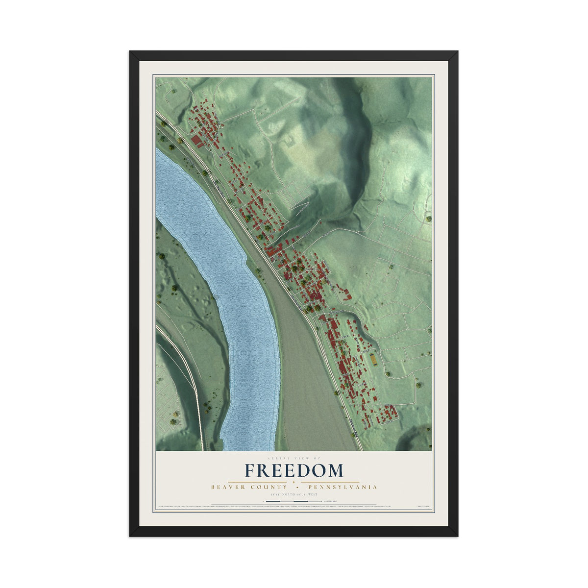 Map of Freedom, Beaver County, Pennsylvania, 12 x 18 inch print in a black wood frame