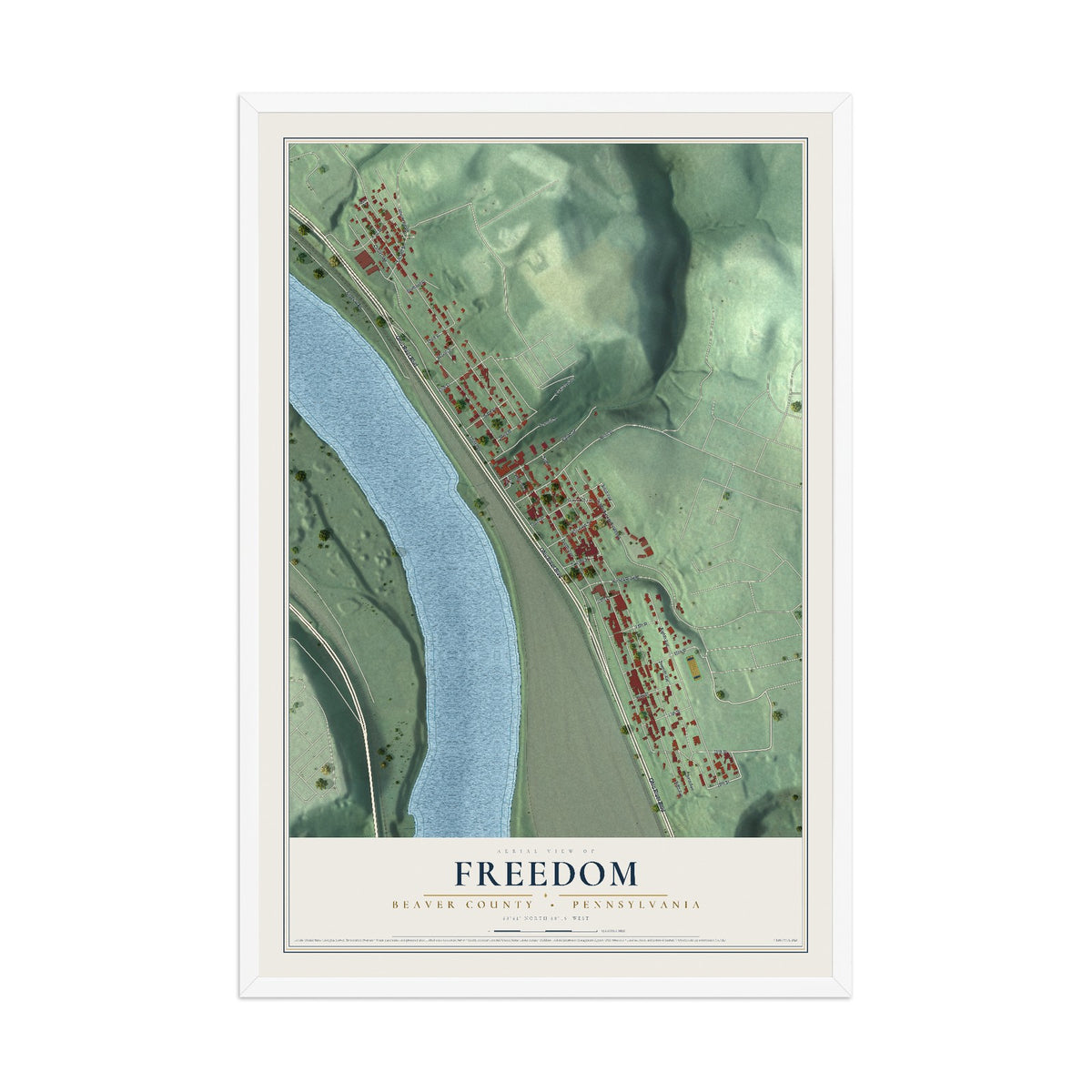 Map of Freedom, Beaver County, Pennsylvania, 12 x 18 inch print in a white wood frame