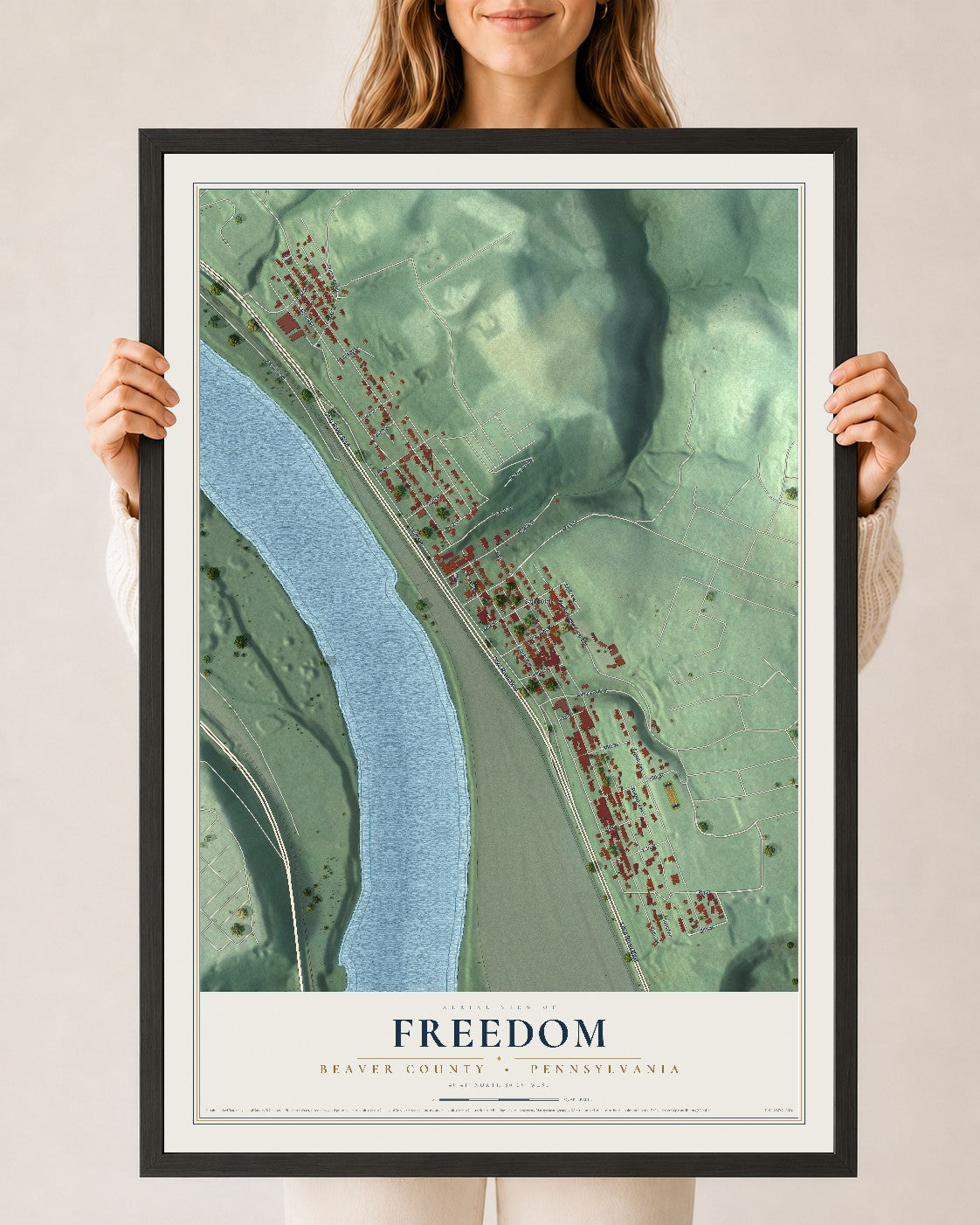 Map of Freedom, Beaver County, Pennsylvania, 24 x 36 inch print in a black wood frame