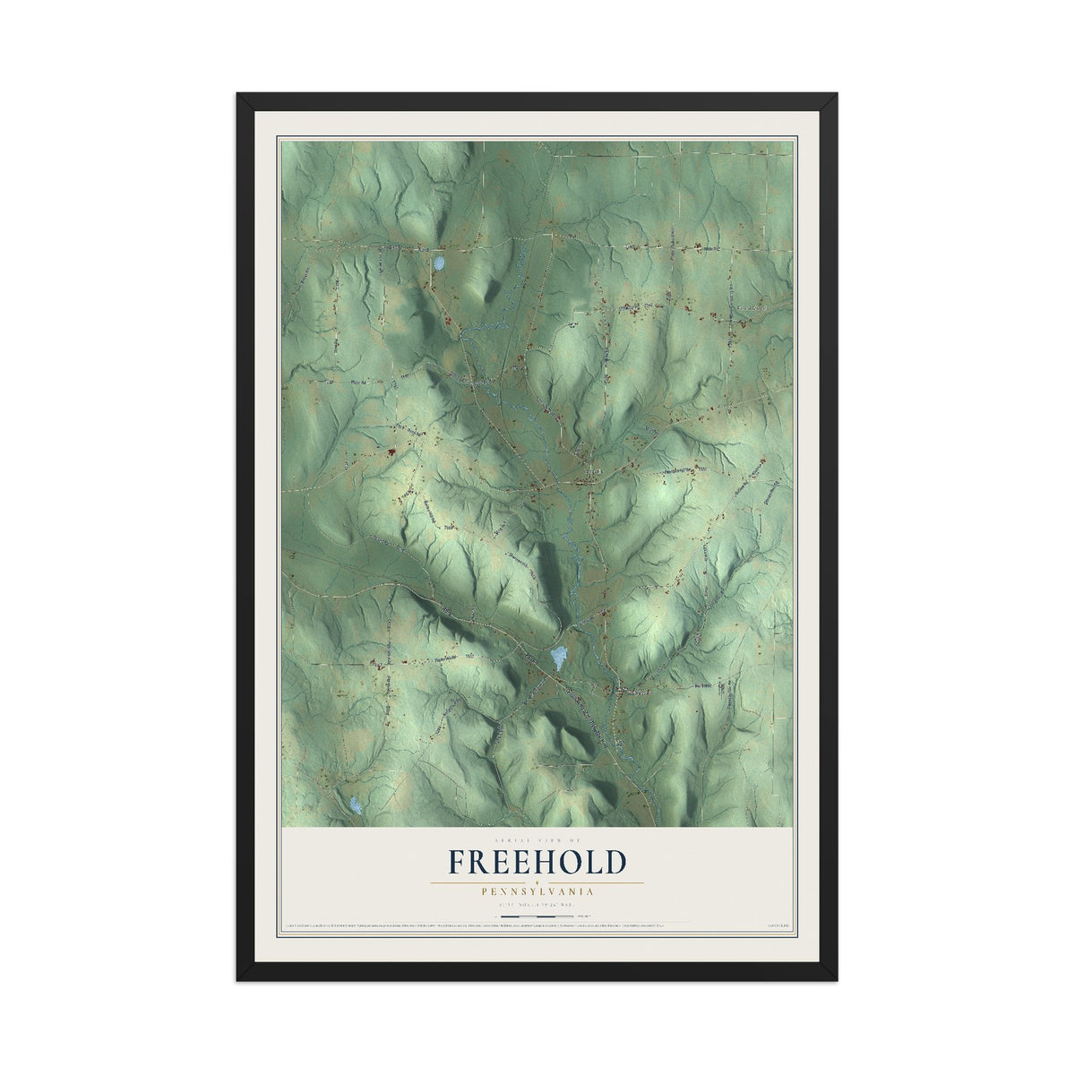 Map of Freehold, Pennsylvania, 12 x 18 inch print in a black wood frame