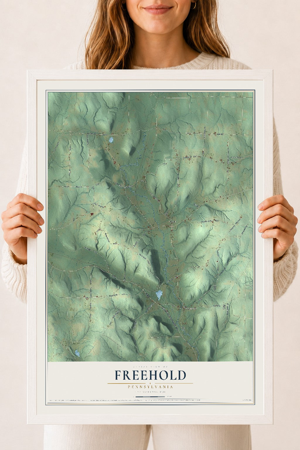 Map of Freehold, Pennsylvania, 18 x 24 inch print in a white wood frame