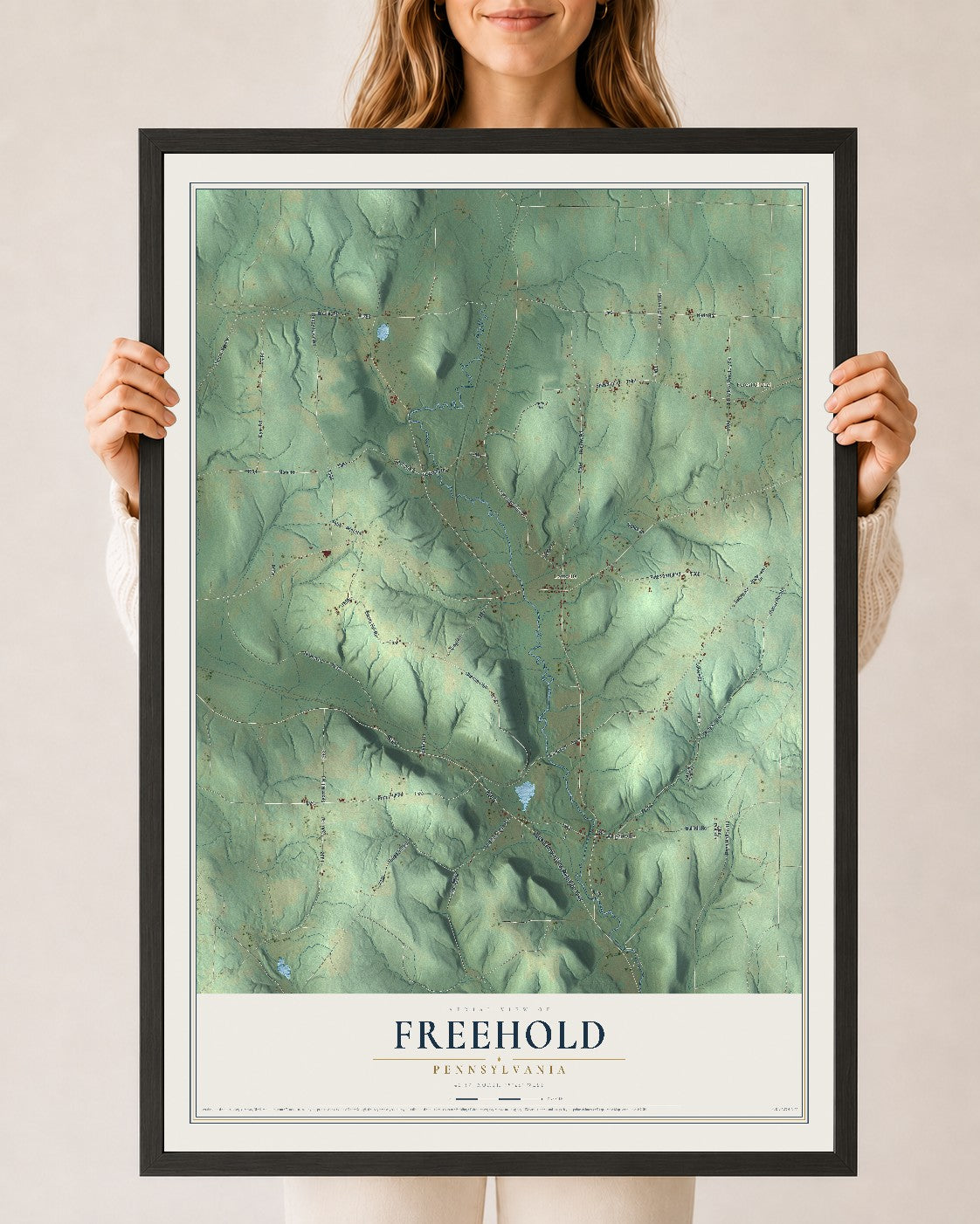 Map of Freehold, Pennsylvania, 24 x 36 inch print in a black wood frame
