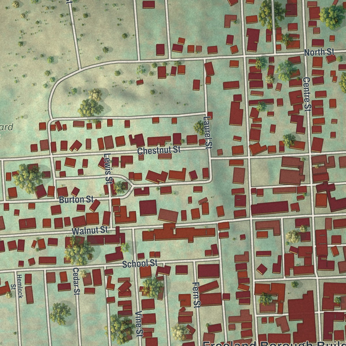 Close-up of the map of Freeland, Pennsylvania print showing street and building detail