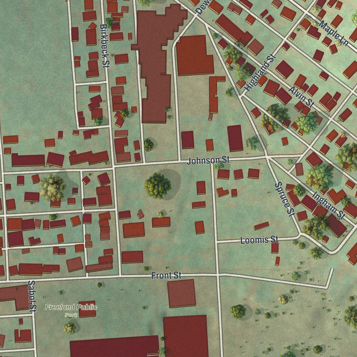 Second close-up of the map of Freeland, Pennsylvania print showing more streets and buildings