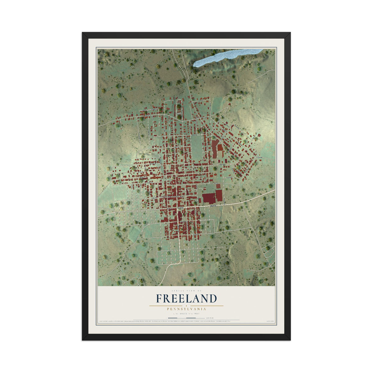 Map of Freeland, Pennsylvania, 12 x 18 inch print in a black wood frame