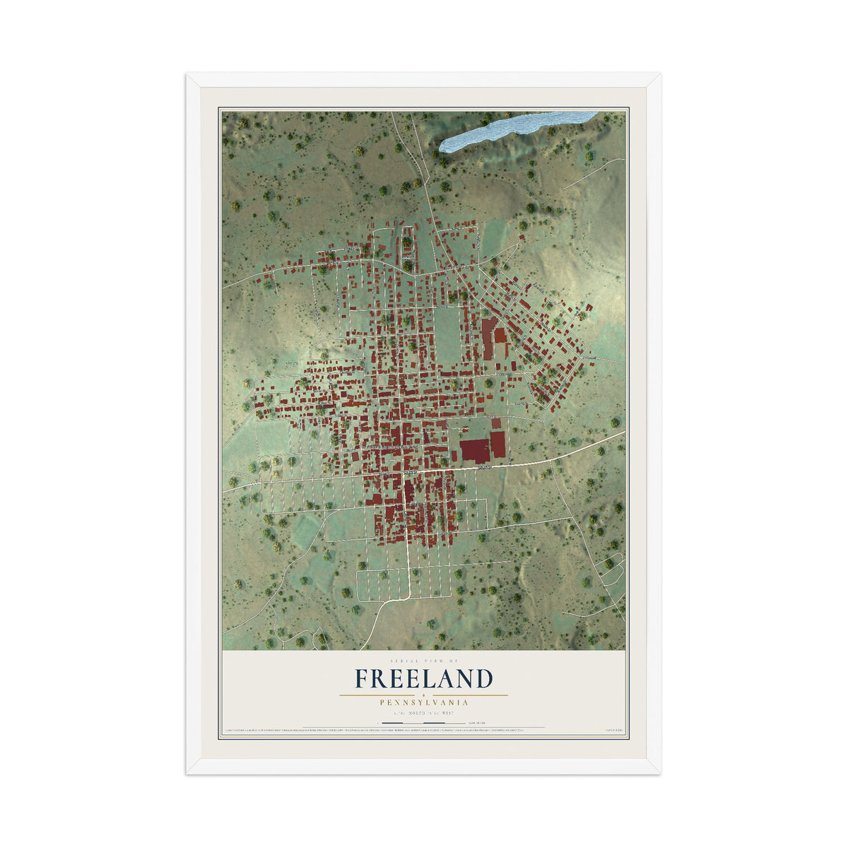 Map of Freeland, Pennsylvania, 12 x 18 inch print in a white wood frame