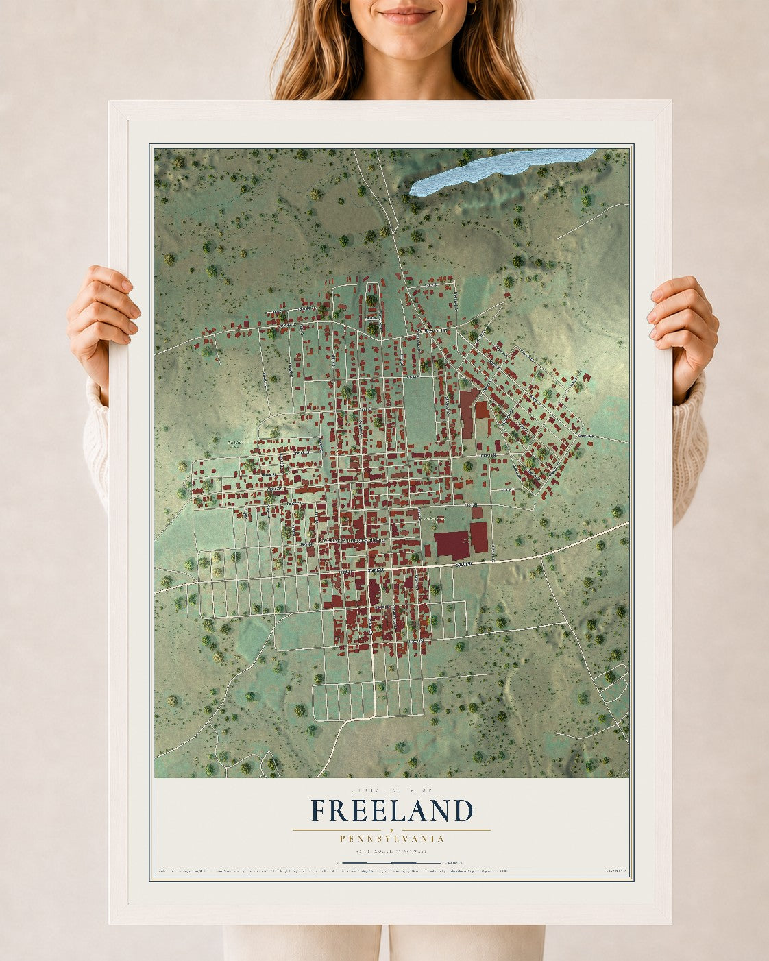 Map of Freeland, Pennsylvania, 24 x 36 inch print in a white wood frame