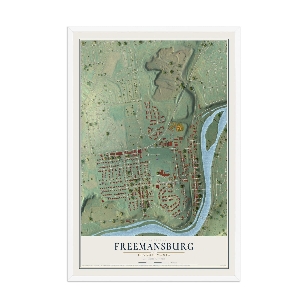 Map of Freemansburg, Pennsylvania, 12 x 18 inch print in a white wood frame