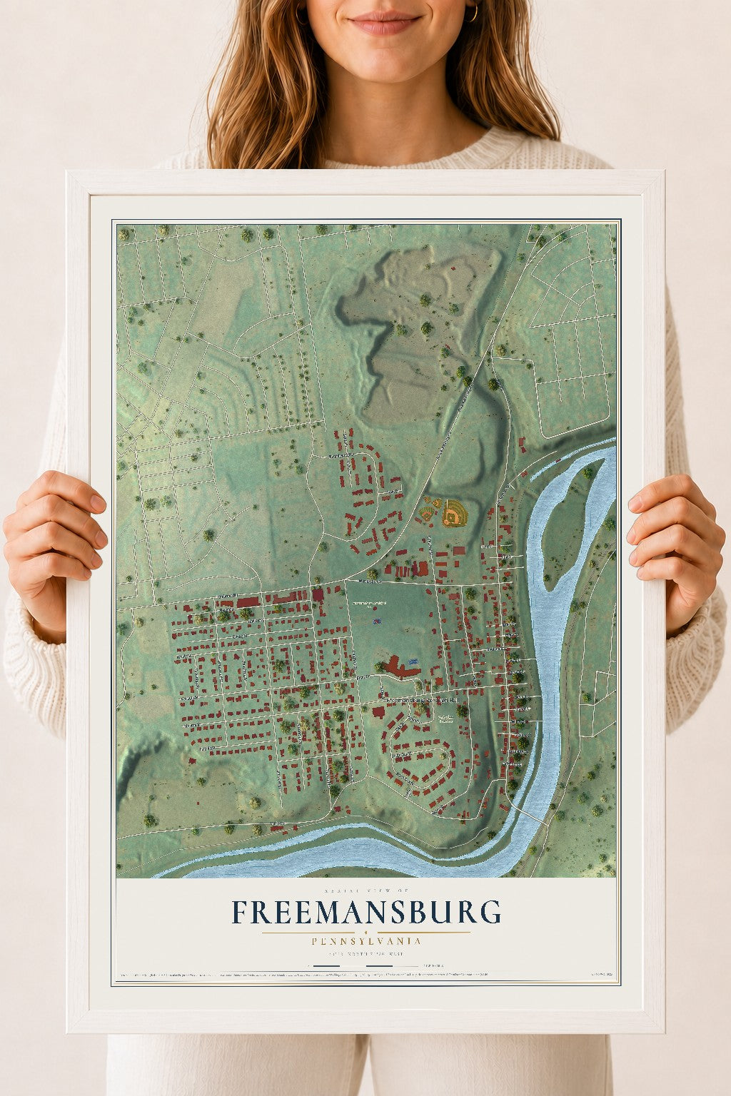 Map of Freemansburg, Pennsylvania, 18 x 24 inch print in a white wood frame
