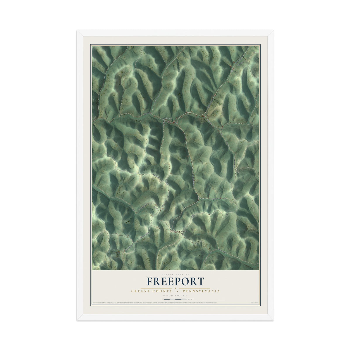 Map of Freeport, Greene County, Pennsylvania, 12 x 18 inch print in a white wood frame