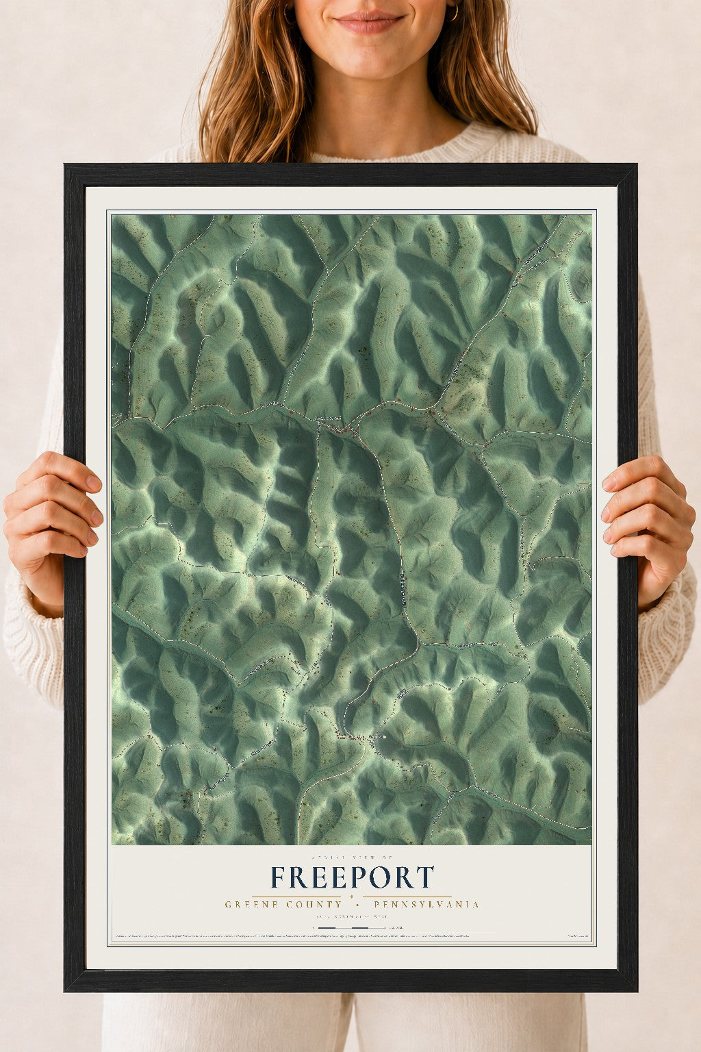 Map of Freeport, Greene County, Pennsylvania, 18 x 24 inch print in a black wood frame