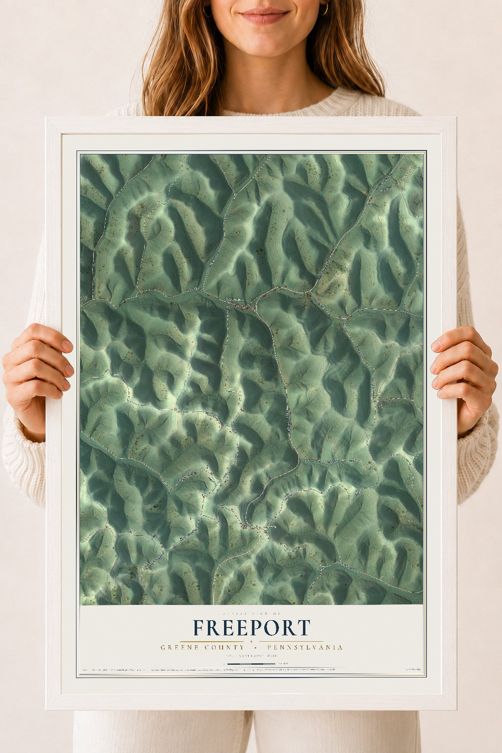 Map of Freeport, Greene County, Pennsylvania, 18 x 24 inch print in a white wood frame