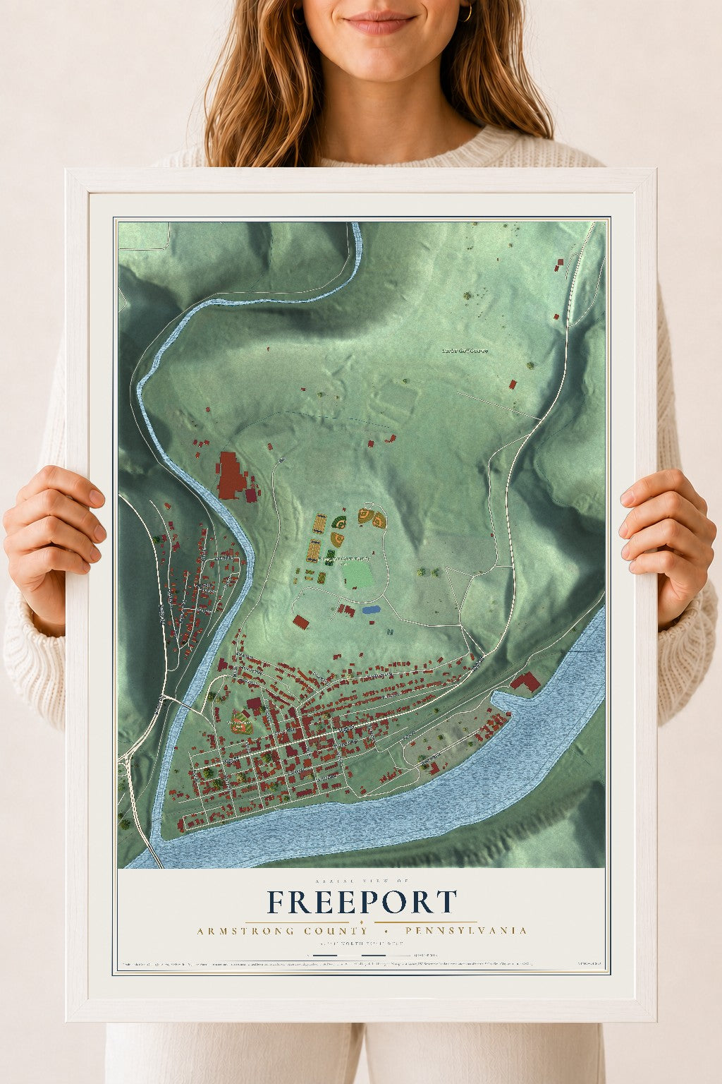 Map of Freeport, Armstrong County, Pennsylvania, 18 x 24 inch print in a white wood frame