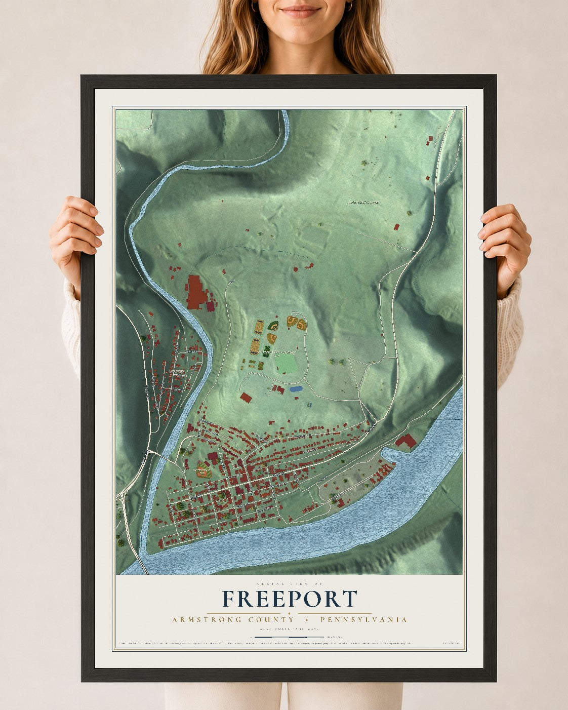 Map of Freeport, Armstrong County, Pennsylvania, 24 x 36 inch print in a black wood frame