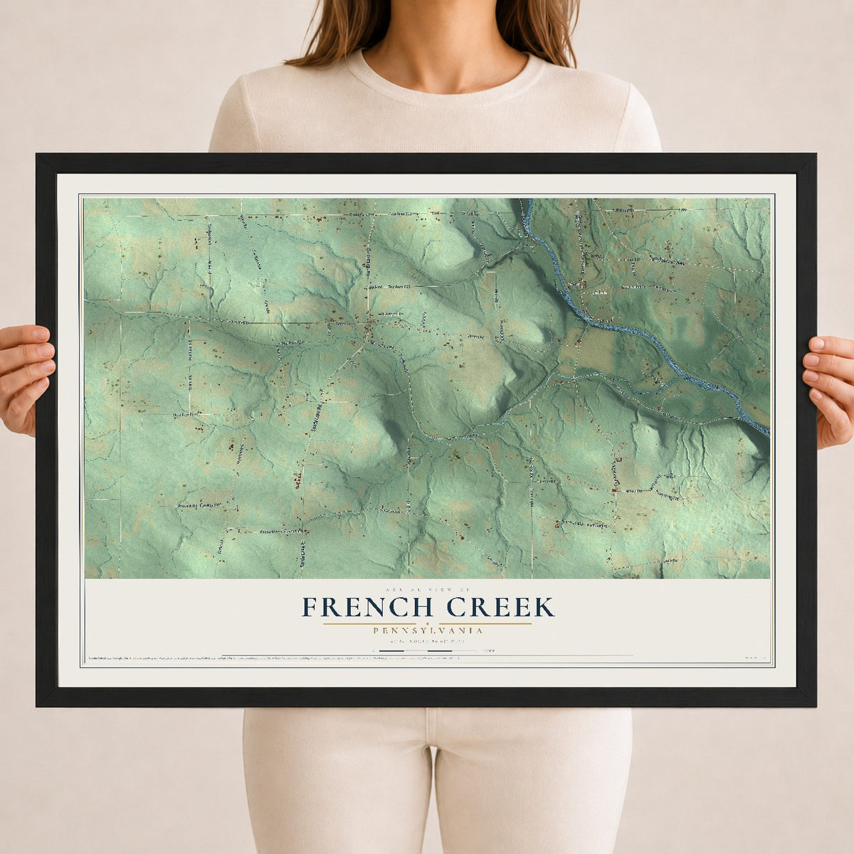 Map of French Creek, Pennsylvania, 18 x 24 inch print in a black wood frame
