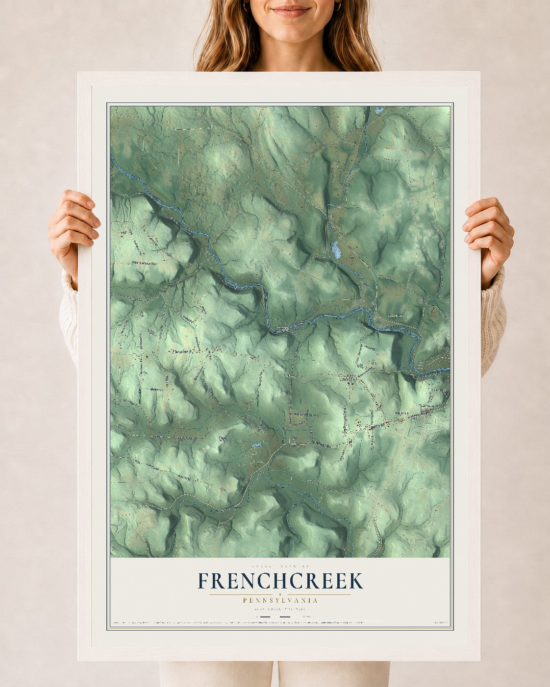 Map of Frenchcreek, Pennsylvania, 24 x 36 inch print in a white wood frame