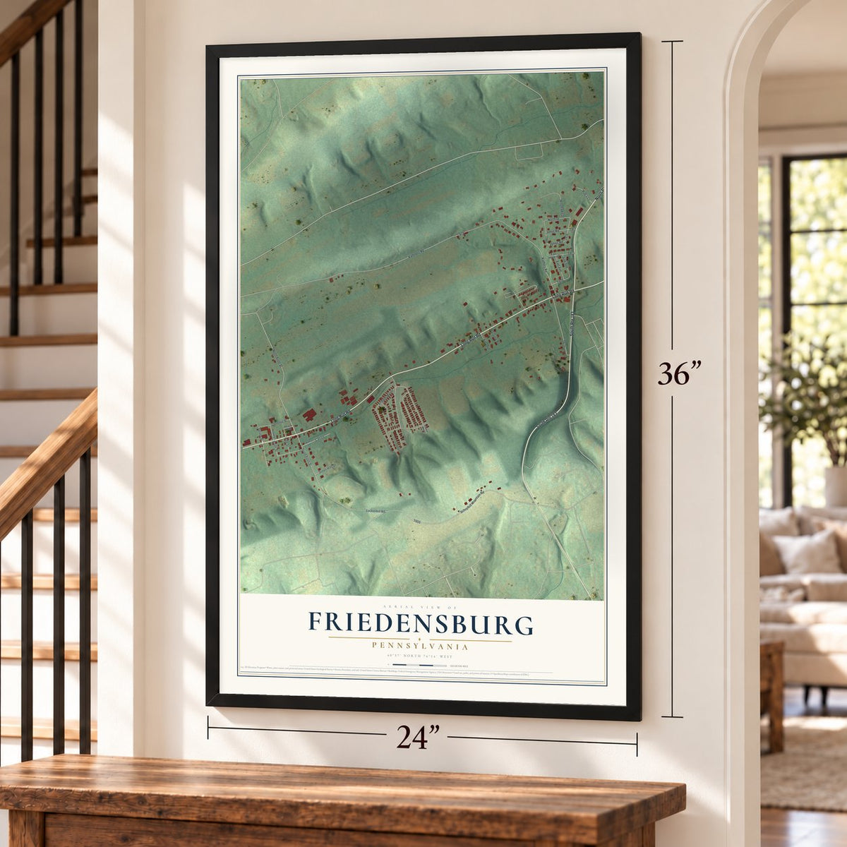 Friedensburg, Pennsylvania map, 24 x 36 inch print in a black frame by a staircase