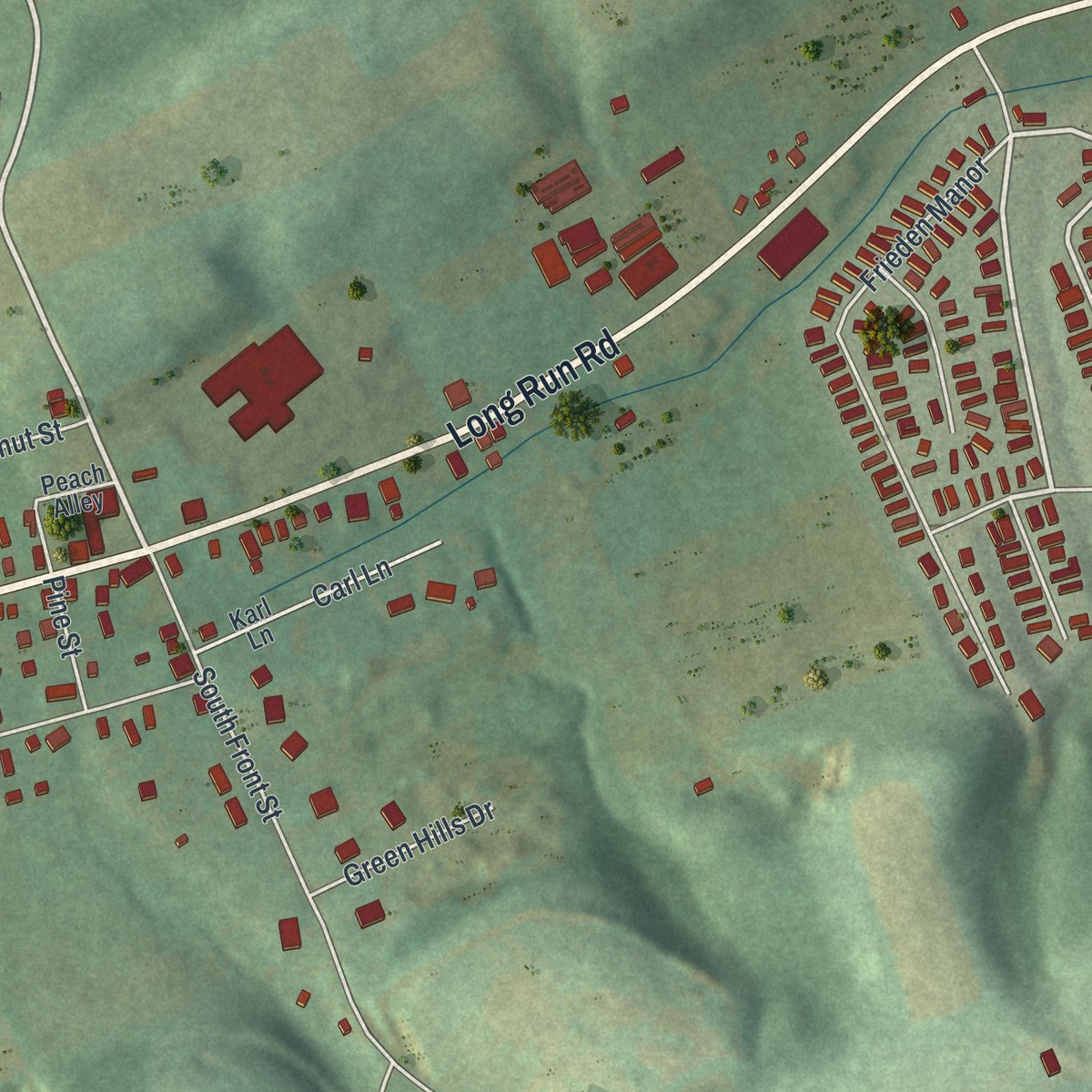 Close-up of the map of Friedensburg, Pennsylvania print showing street and building detail
