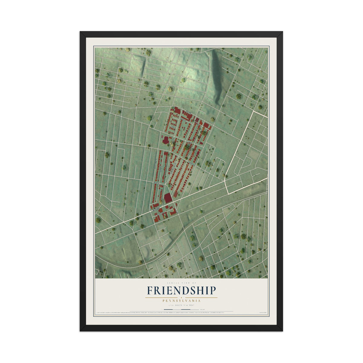 Map of Friendship, Pennsylvania, 12 x 18 inch print in a black wood frame